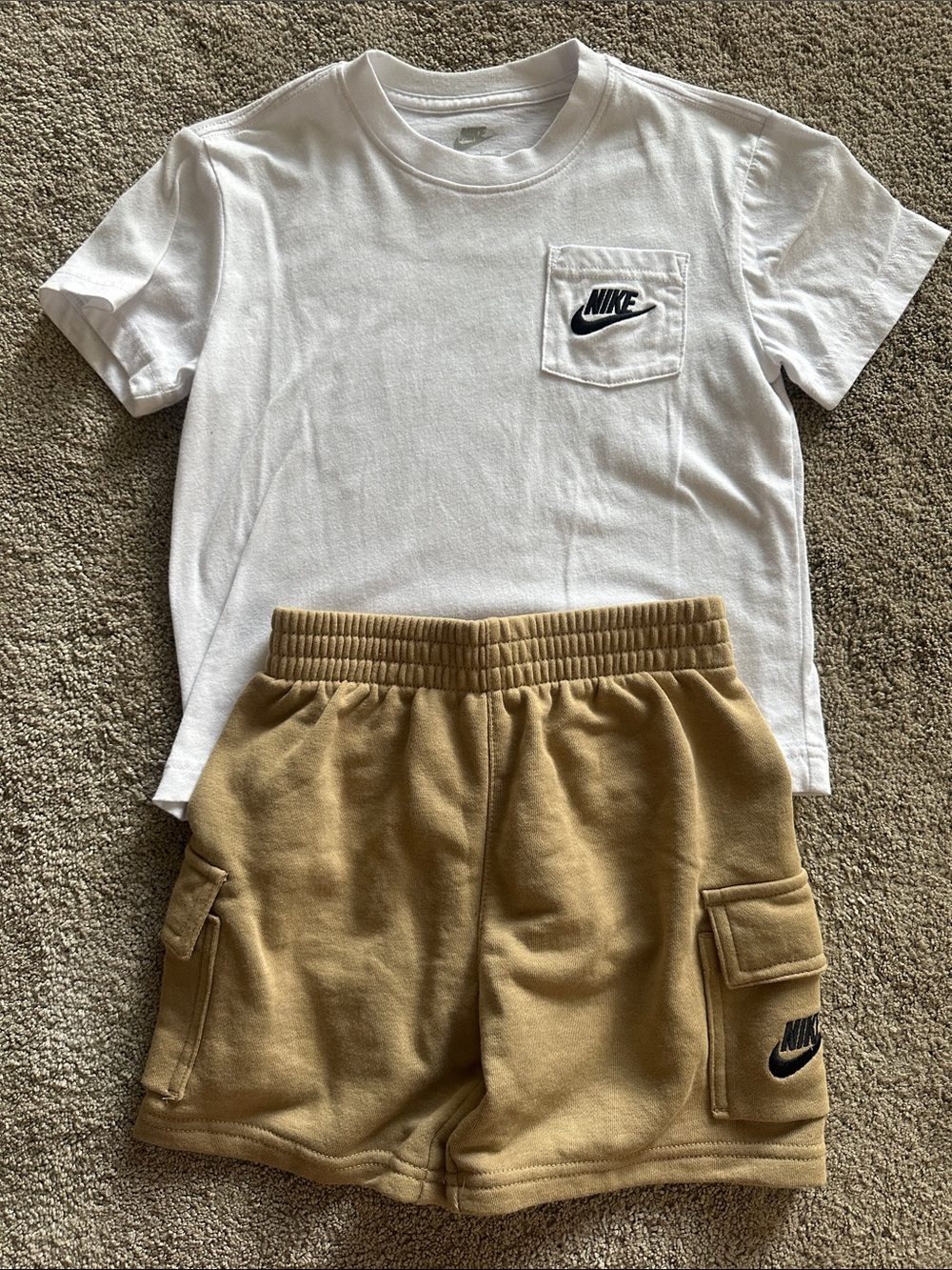 Nike Kids White Tee with Tan Cargo Sweat Shorts